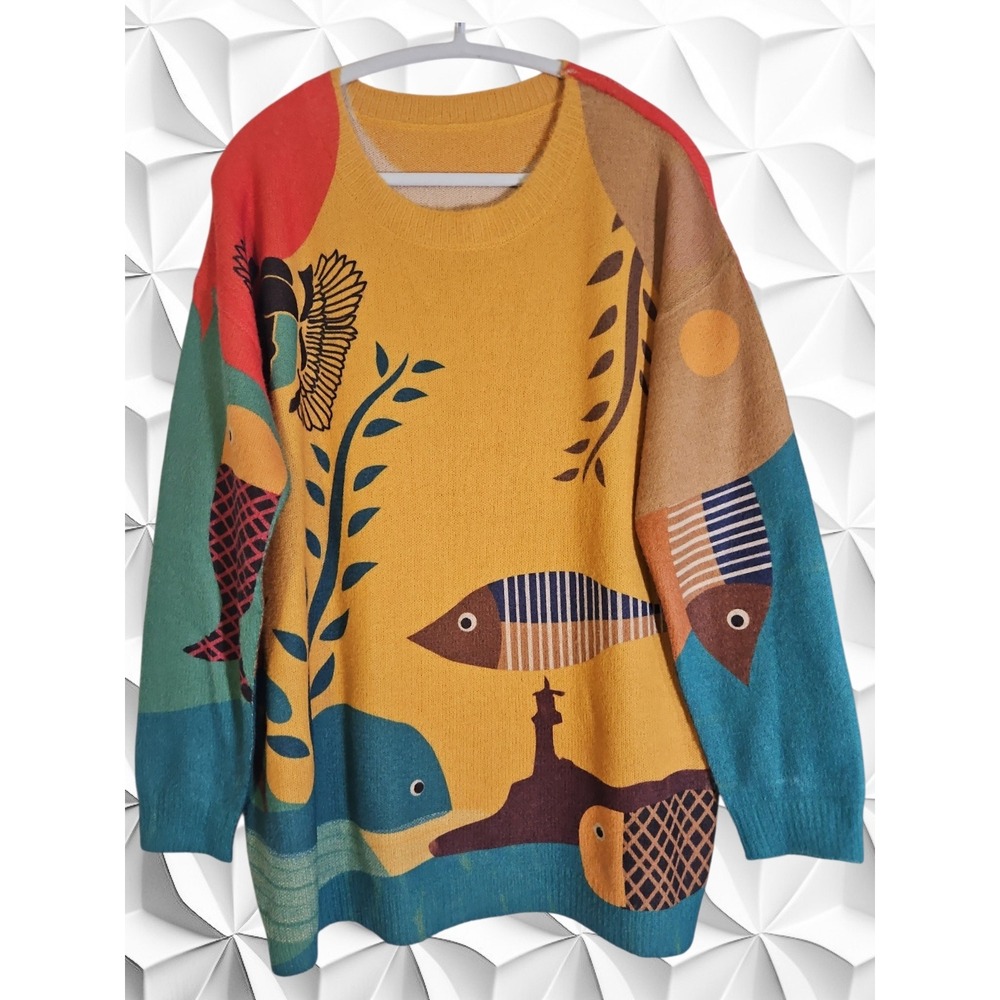 Artistic Graphic Knit Sweater Cotton Wool Blend Fish Whale Scarab Yellow Multi